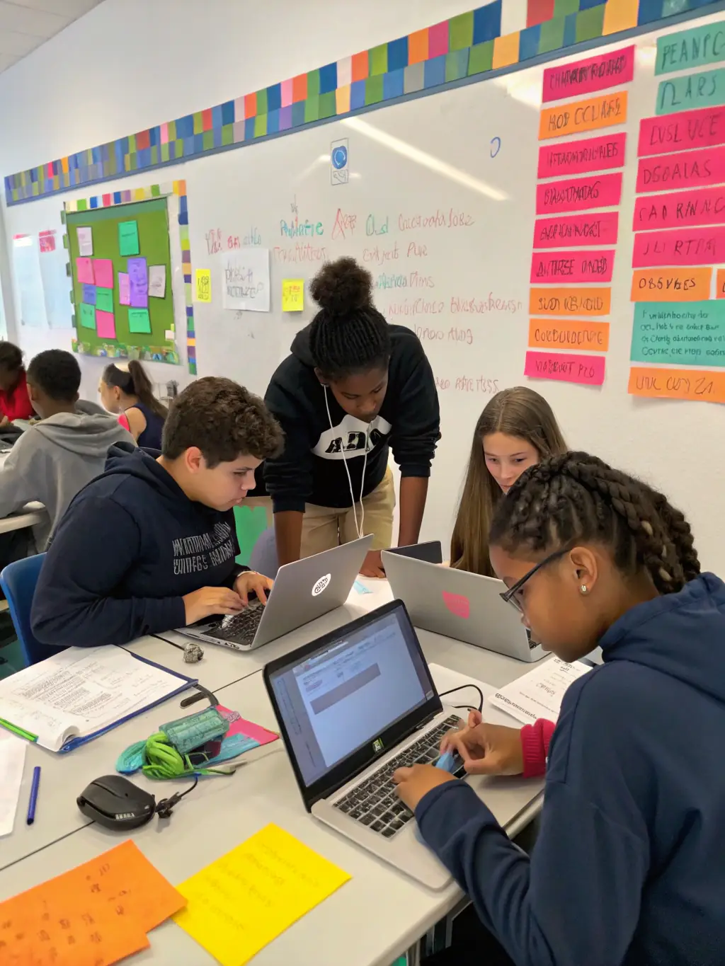 A diverse group of students collaborating on a coding project, showcasing teamwork and practical application of skills, in a vibrant classroom.