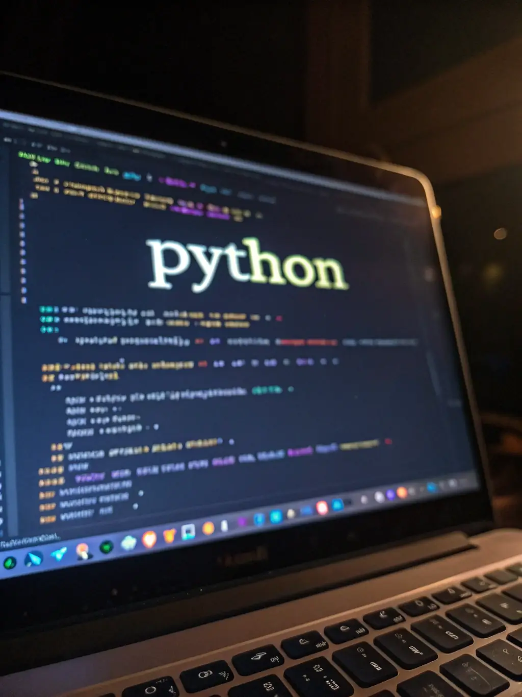 A focused shot of a Python code snippet on a laptop screen, highlighting its readability and versatility, set in a modern classroom.