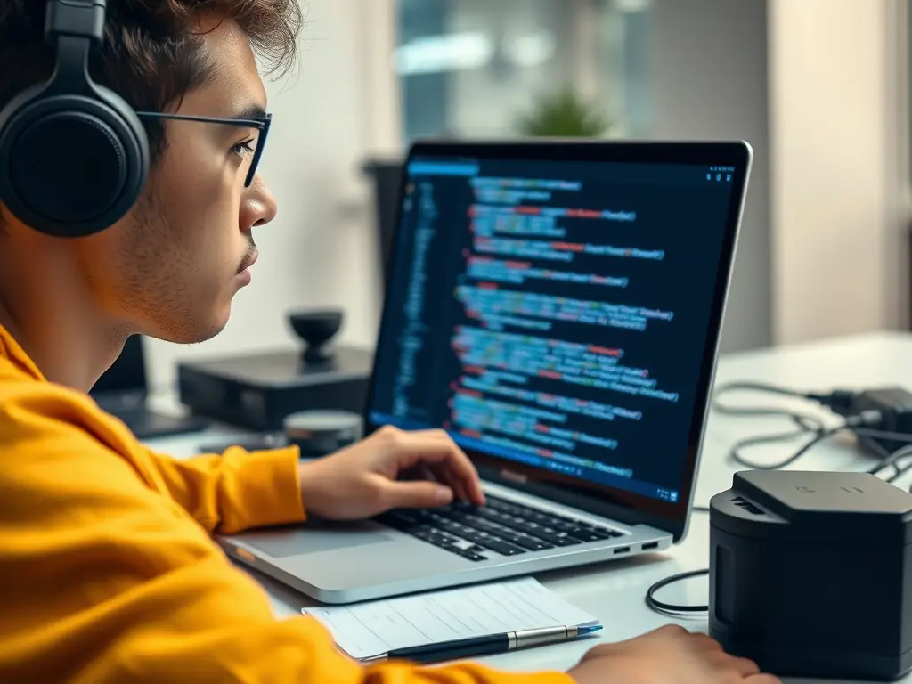 A focused image of a student successfully debugging code on their laptop, highlighting problem-solving skills.