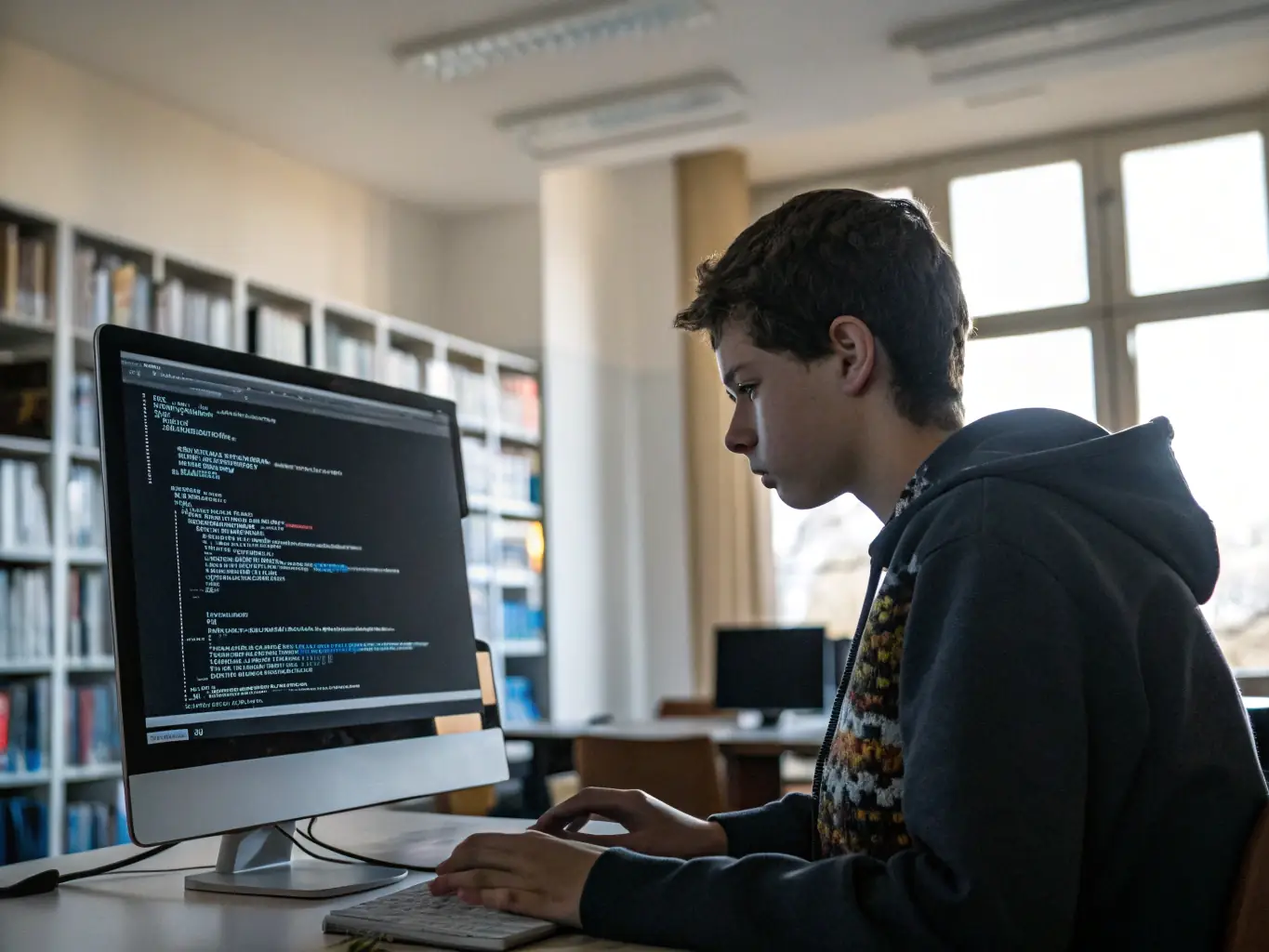 A student coding on a laptop, surrounded by books and notes, with a focused expression, symbolizing the Python course's intensive learning environment.