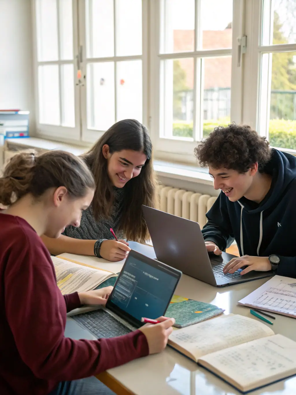 A group of students collaborating on a coding project, discussing algorithms and debugging code, in a team-based learning environment at valentineway.
