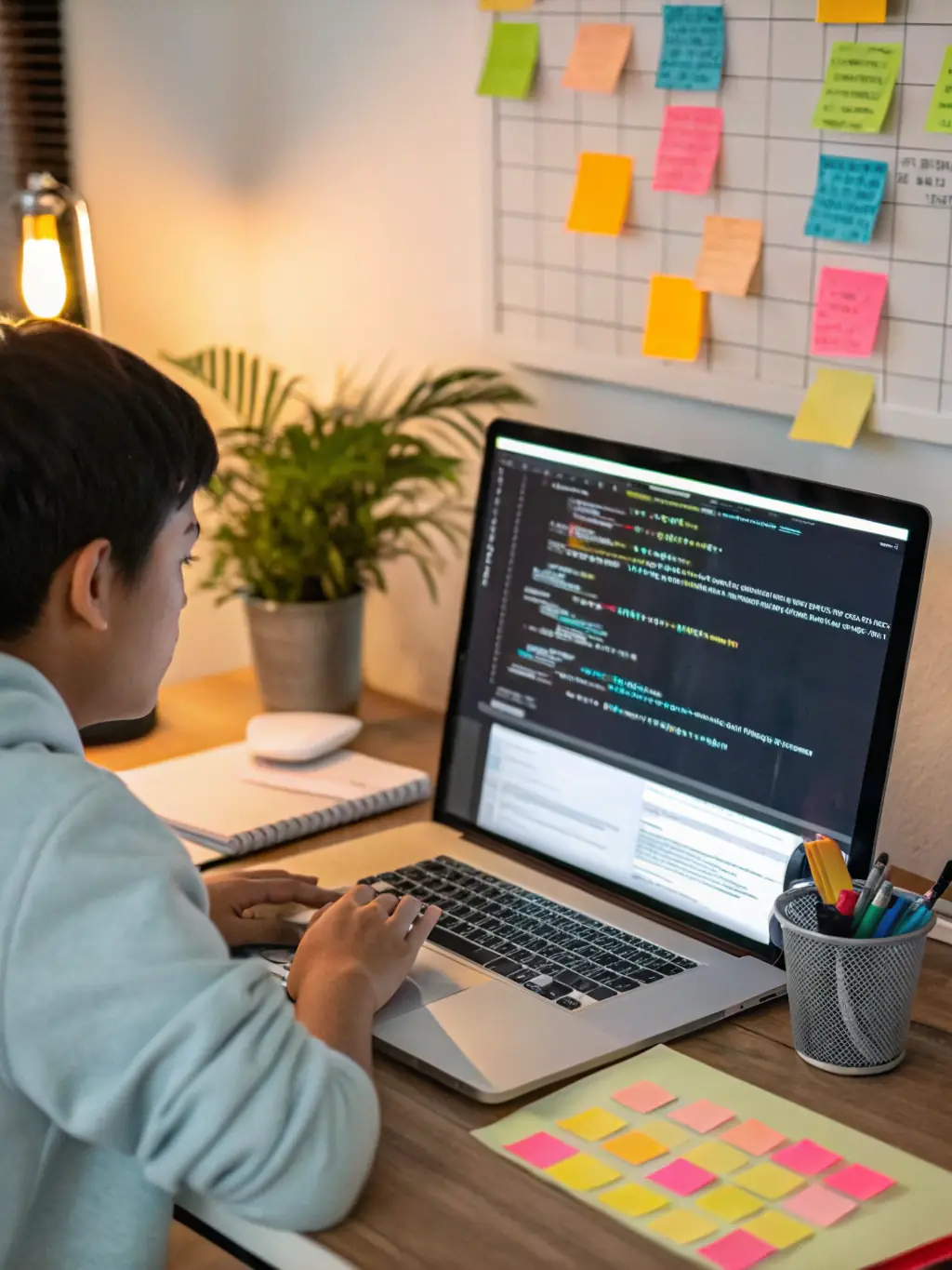 A student designing a website layout, focusing on responsive design principles, in a web development course at valentineway.