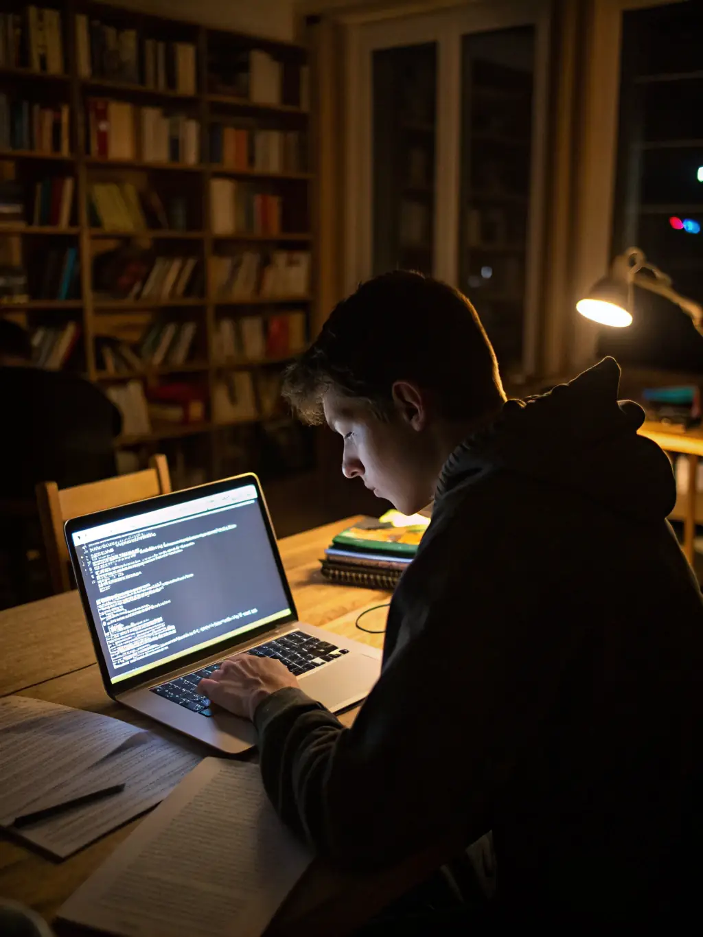 A student coding in Python, focused on data analysis, with a Jupyter Notebook on the screen, in a modern classroom setting at valentineway.
